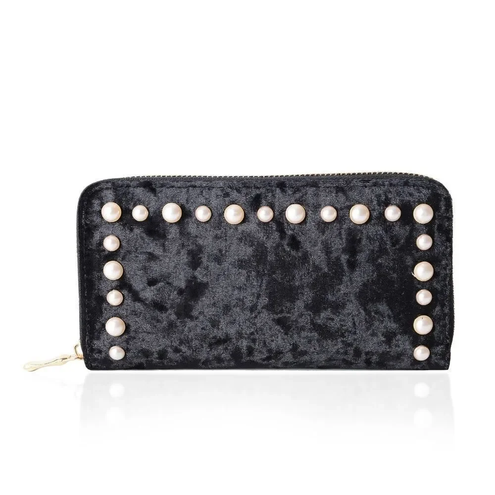 Wallet RFID Black Velvety Simulated Pearls